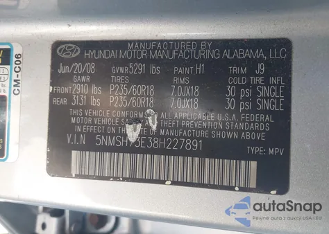 2008 Hyundai Santa Fe Limited/Se из США, поврежденный, VIN 5NMSH73E38H227891